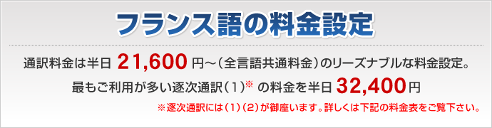 フランス語通訳料金は、格安の半日21,600円～（全言語共通）逐次通訳は半日32,400円