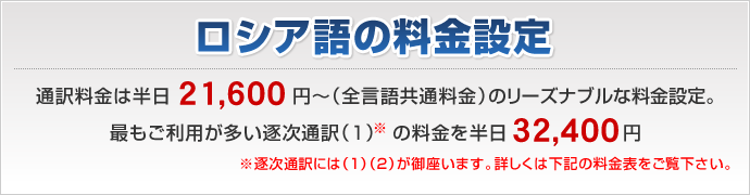 ロシア語通訳料金は半日21,600円～（全言語共通）逐次通訳は半日32,400円