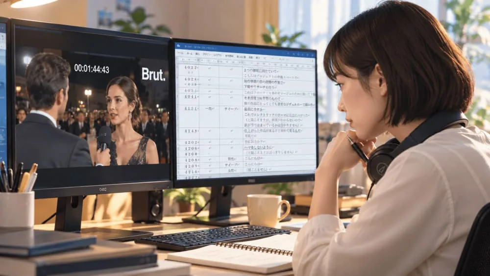 テレビ番組の外国語映像と翻訳原稿をモニターで確認する作業イメージ