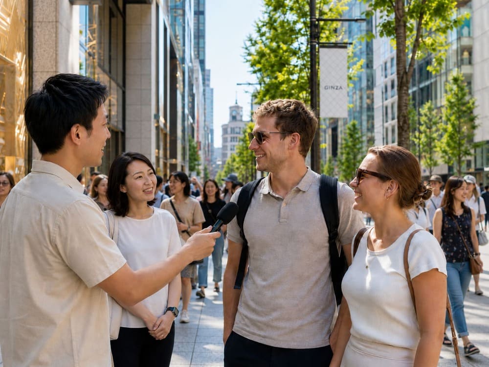 銀座で外国人観光客に街録インタビューを行う英語番組通訳のイメージ