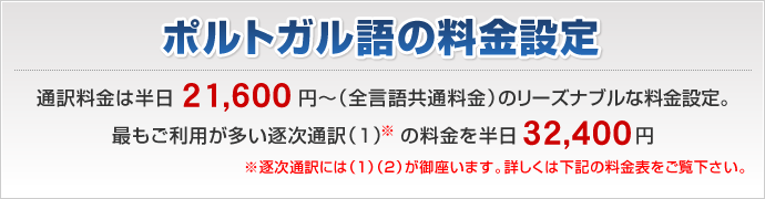 ポルトガル語通訳料金は半日21,600円～（全言語共通）逐次通訳は半日32,400円