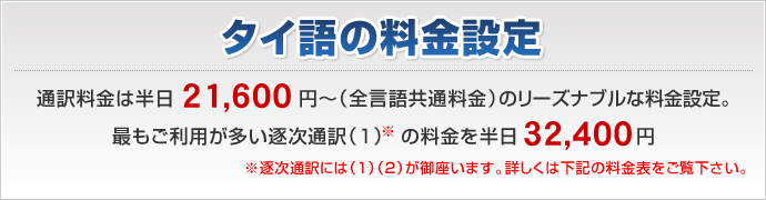 タイ語通訳料金は半日21,600円～（全言語共通）逐次通訳は半日32,400円